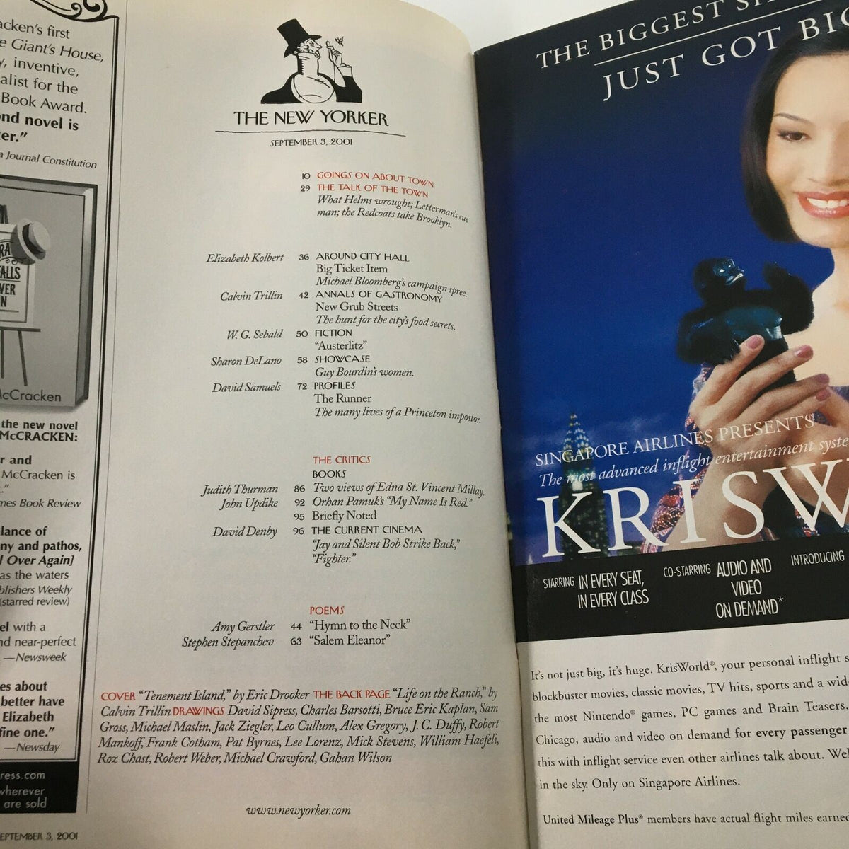 Inside page of The New Yorker Full Magazine September 3 2001, displaying contents and feature articles including references to Eric Drooker and various contributors.