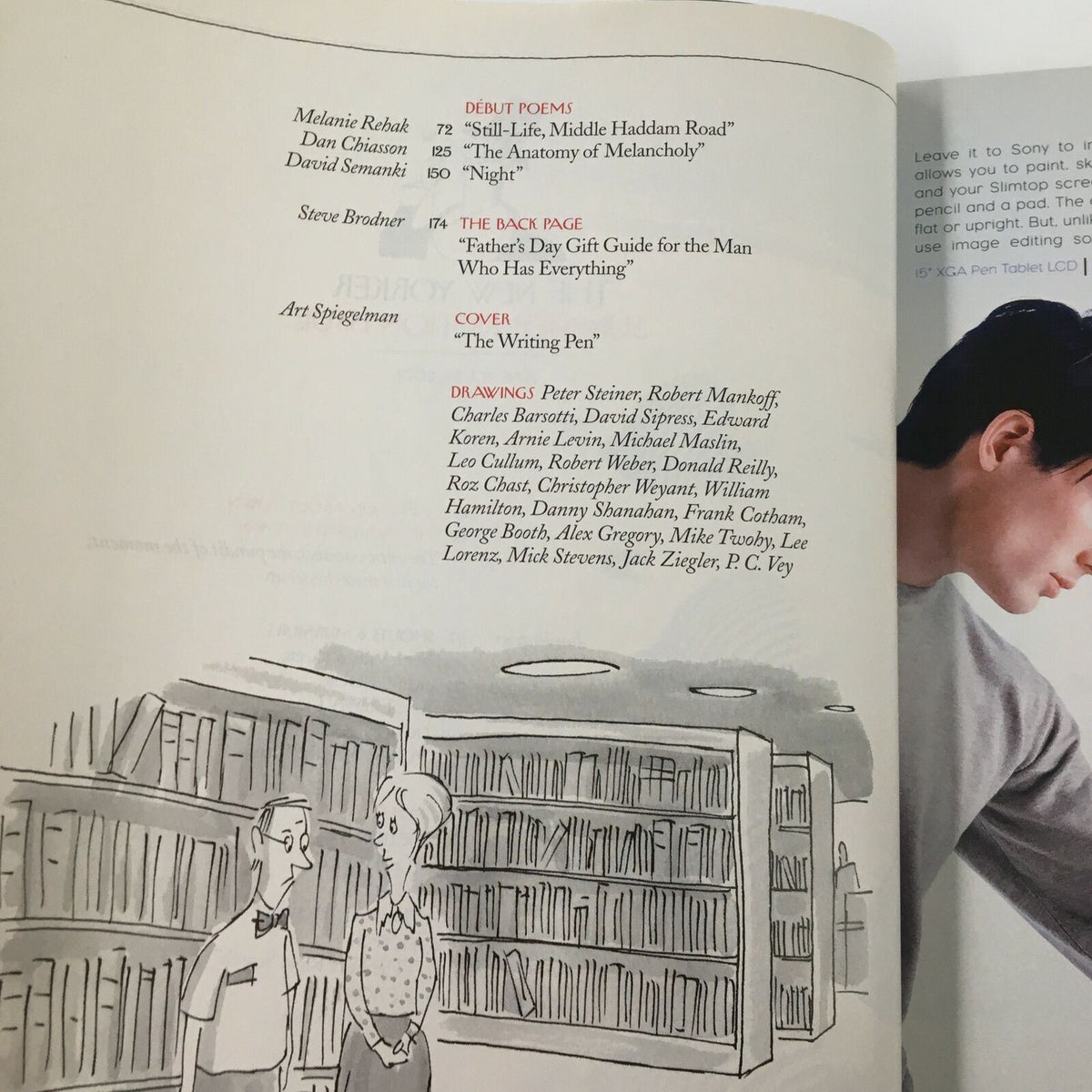 Interior page of The New Yorker Full Magazine June 18 2001 showcasing the contributors section, including names like Art Spiegelman, highlighting the issue's theme 'The Writing Pen'.