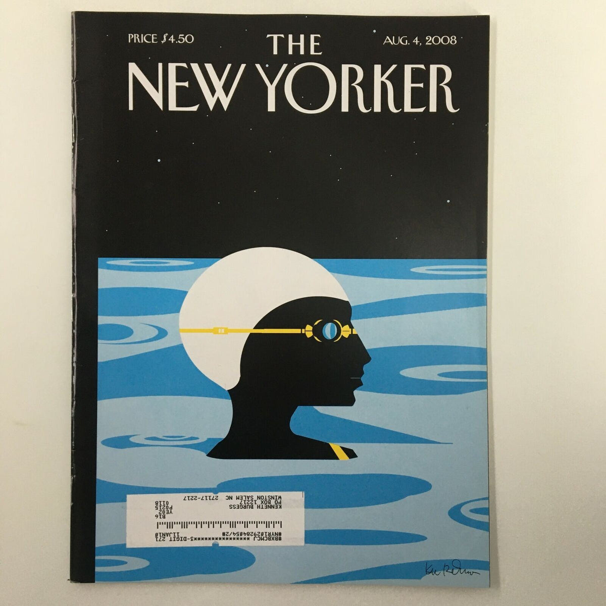 The New Yorker Full Magazine August 4 2008 cover featuring the artwork 'Night Cap' by Kim DeMarco, showcasing a silhouette against blue water.