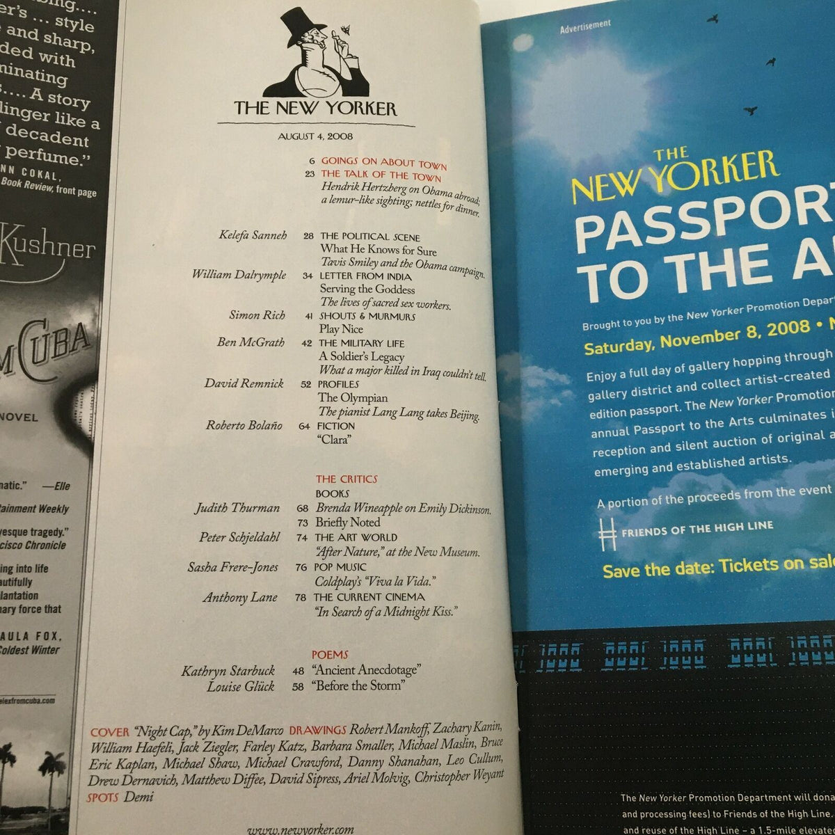 The New Yorker Full Magazine August 4 2008 contents page listing articles and contributors, including the cover art 'Night Cap' by Kim DeMarco.