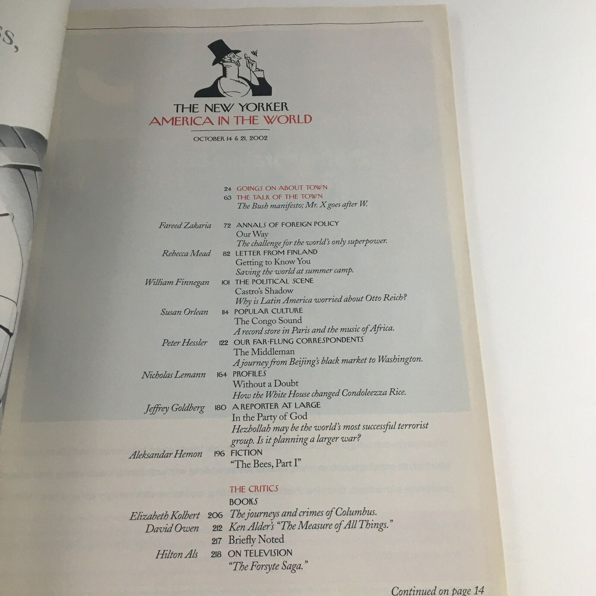 Inside page of The New Yorker Full Magazine October 14 2002 displaying the contents list, including notable articles such as 'An Analysis of Foreign Policy' and commentary on world events.