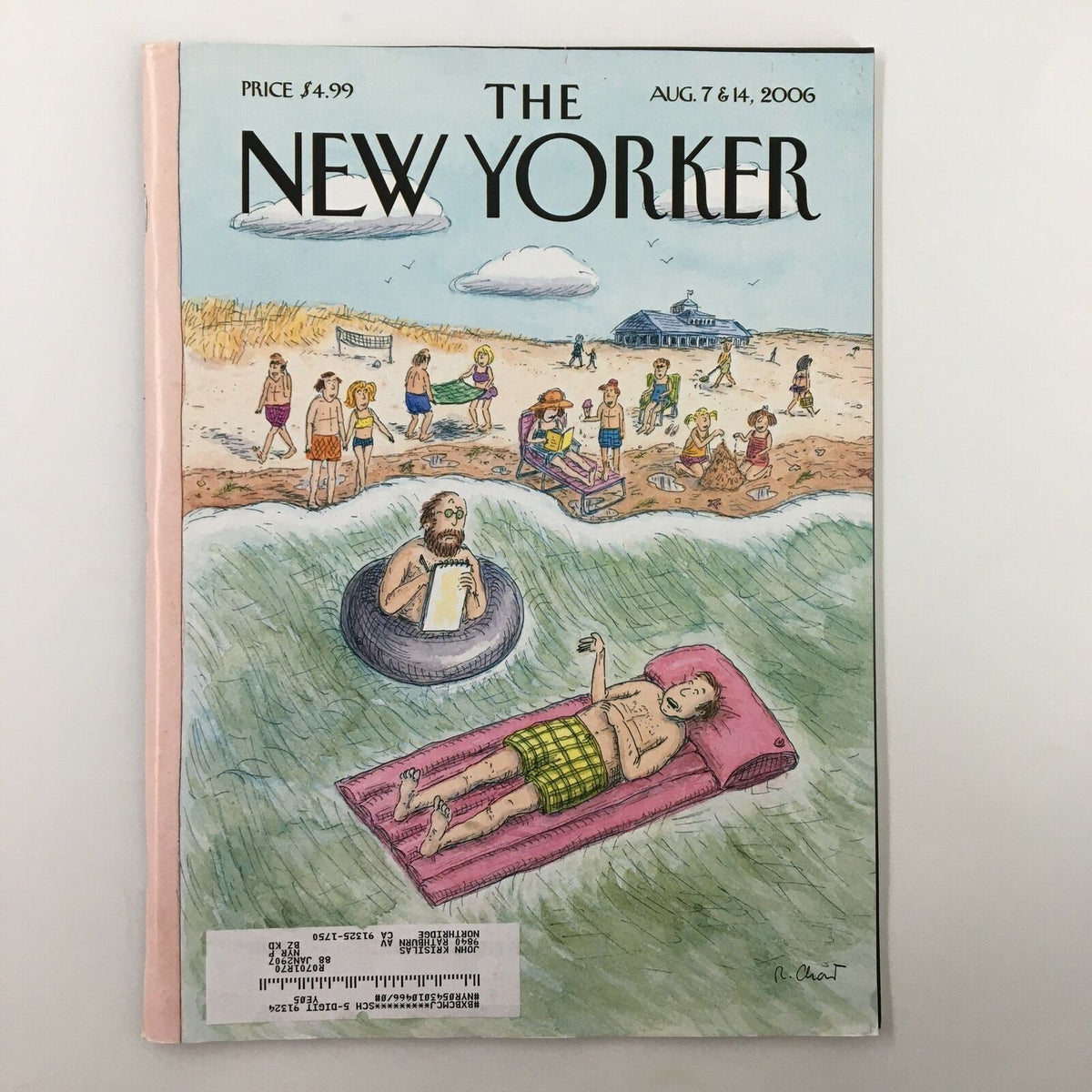 Cover of The New Yorker Full Magazine August 7 & 14 2006 Emergency Session by Roz Chast, featuring beach theme artwork with characters engaging in various activities on the shore.
