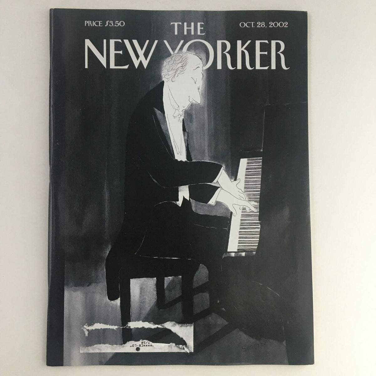 The New Yorker Full Magazine October 28 2002 Scherzo Cover featuring whimsical cover art by Jean-Jacques Sempé, depicting a pianist in a playful, vintage style.