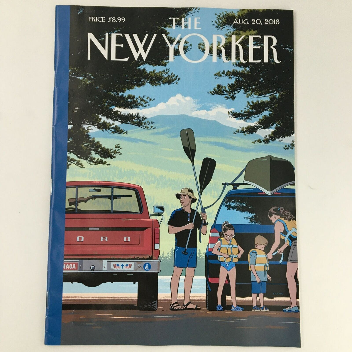 The New Yorker August 20 2018 magazine cover illustrated by R Kikuo Johnson featuring a family near a river with cars in the background.