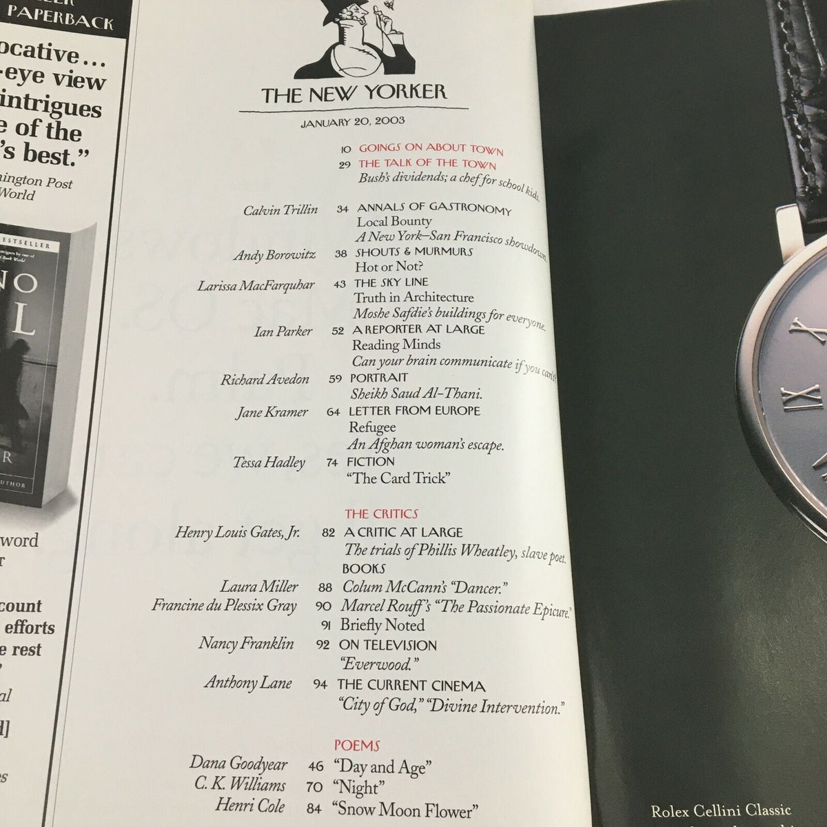 The New Yorker Magazine January 20 2003 interior pages listing articles, including commentary on American politics, cultural reviews, and features from notable writers.