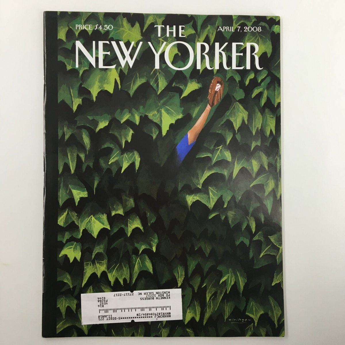 The New Yorker Full Magazine April 7, 2008 featuring the cover art 'Lost and Found' by Mark Ulriksen, showcasing a vibrant green backdrop with a figure in a blue shirt hidden among ivy leaves.