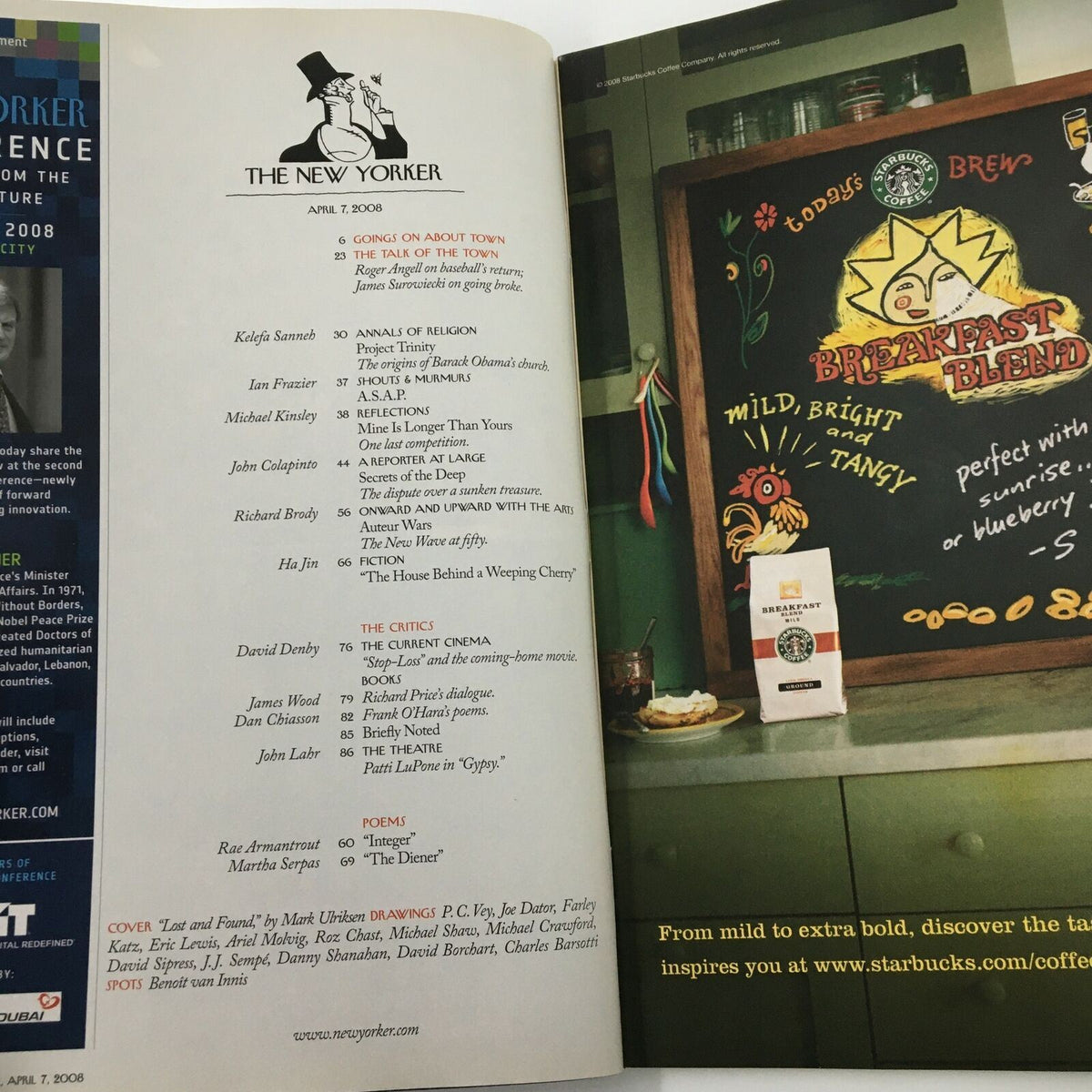 Interior page from The New Yorker magazine, April 7, 2008, featuring a content listing and a promotional ad for 'Breakfast Blend' coffee. The issue includes various articles and illustrations, showcasing the insightful journalism and artistic excellence the magazine is known for.