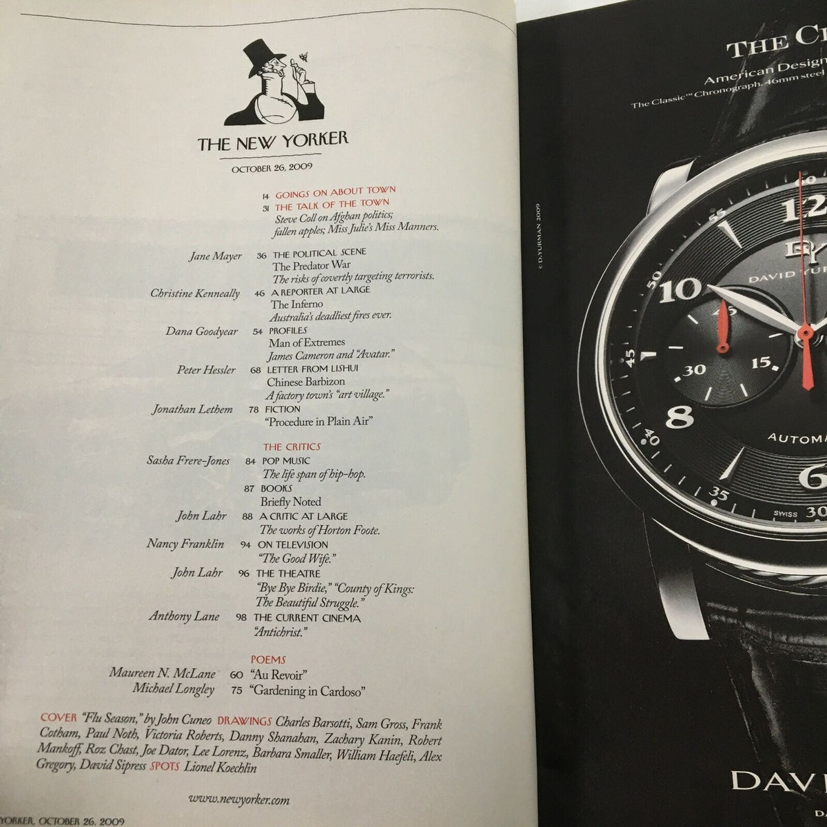 The New Yorker Full Magazine October 26 2009 editorial page showcasing the table of contents, providing insight into articles and contributors of the issue.
