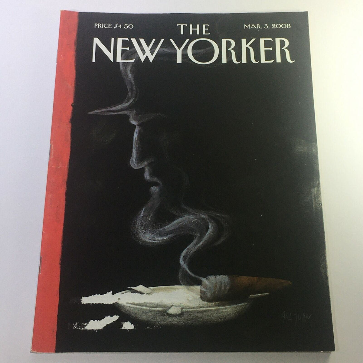The New Yorker March 3 2008 cover featuring abstract art by Ana Juan, depicting a silhouette with smoke rising from a bowl, showcasing the blend of art and journalism.