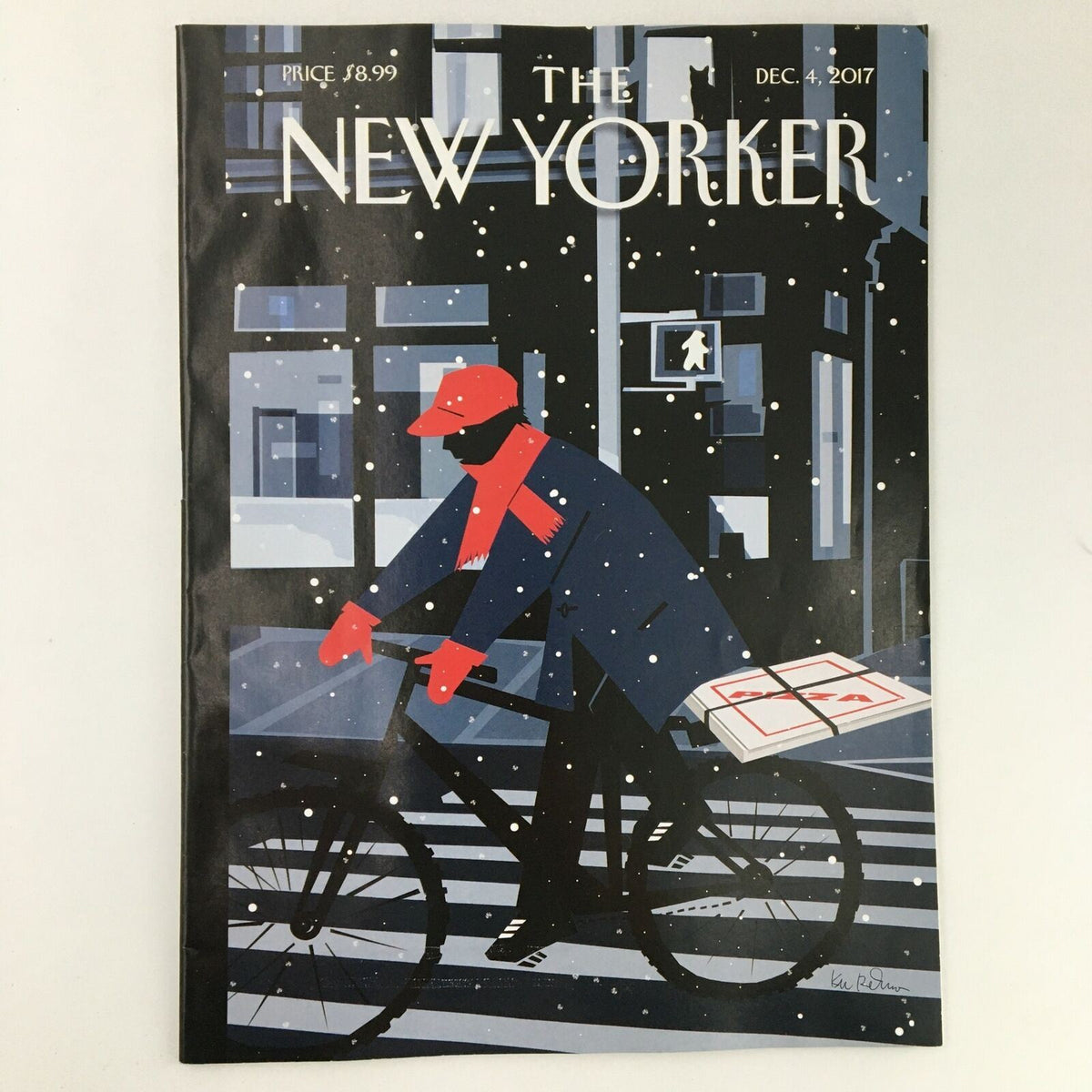 Cover of The New Yorker December 4 2017, featuring an illustration of a man cycling in the snow, showcasing the artistic style of Kim DeMarco.