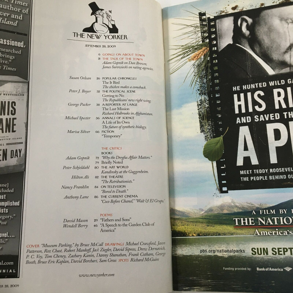 Interior page of The New Yorker Full Magazine September 28 2009 listing articles and features, highlighting contributors and content from the edition.