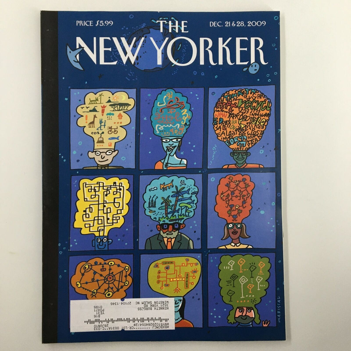 The New Yorker Full Magazine December 21 2009 cover featuring colorful illustrations by Javier Mariscal titled 'New Worlds', showcasing artistic depictions of diverse characters and ideas.