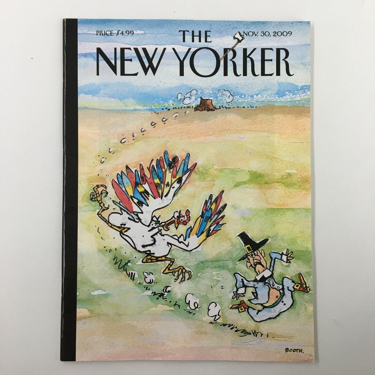 Cover image of The New Yorker Full Magazine November 30 2009 featuring a whimsical Thanksgiving Skedaddle illustration by G. Booth, depicting a turkey and a pilgrim character.