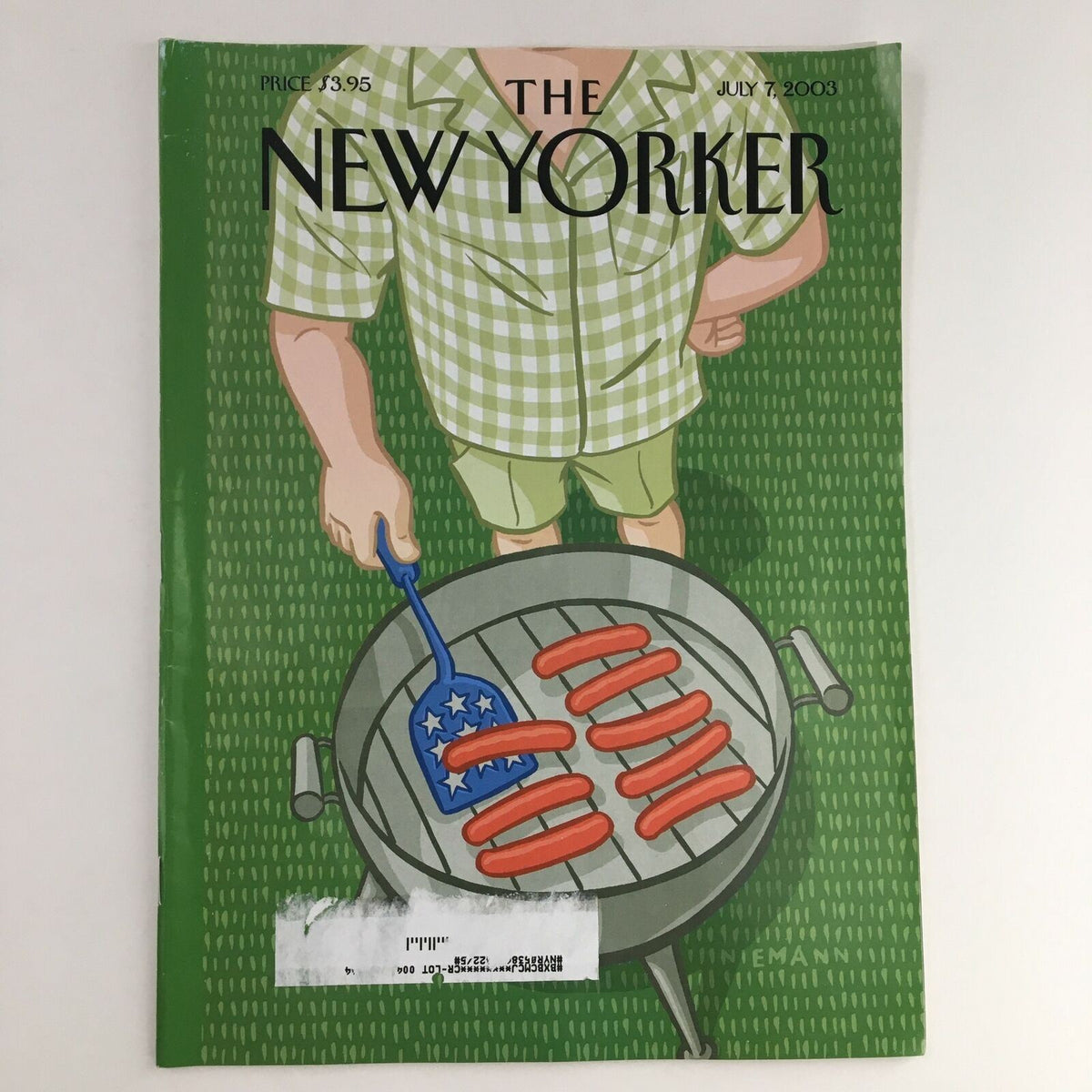 The New Yorker Full Magazine July 7 2003 featuring the cover illustration 'Grilling Sausages' by Christoph Niemann, depicting a person grilling hot dogs on a barbecue, highlighting summer culinary themes.