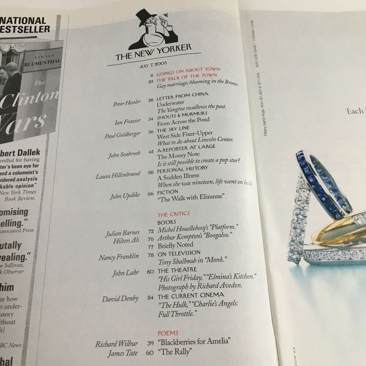 Table of contents page from The New Yorker magazine, July 7, 2003, featuring articles and illustrations, including the notable cover art 'Grilling Sausages' by Christoph Niemann.