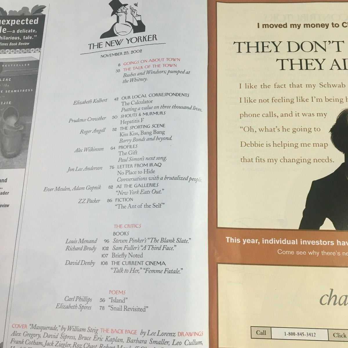 Interior page of The New Yorker Full Magazine November 25, 2002, displaying the table of contents with contributions from several notable writers, including a section titled 'The Ant of the Sel'.