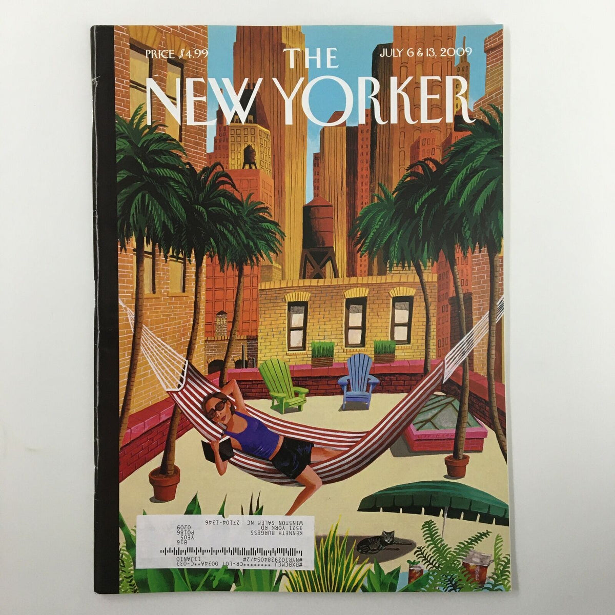 Cover of The New Yorker Full Magazine July 6 & 13 2009 featuring vibrant artwork by Mark Ulriksen depicting a relaxed scene with palm trees and colorful chairs.