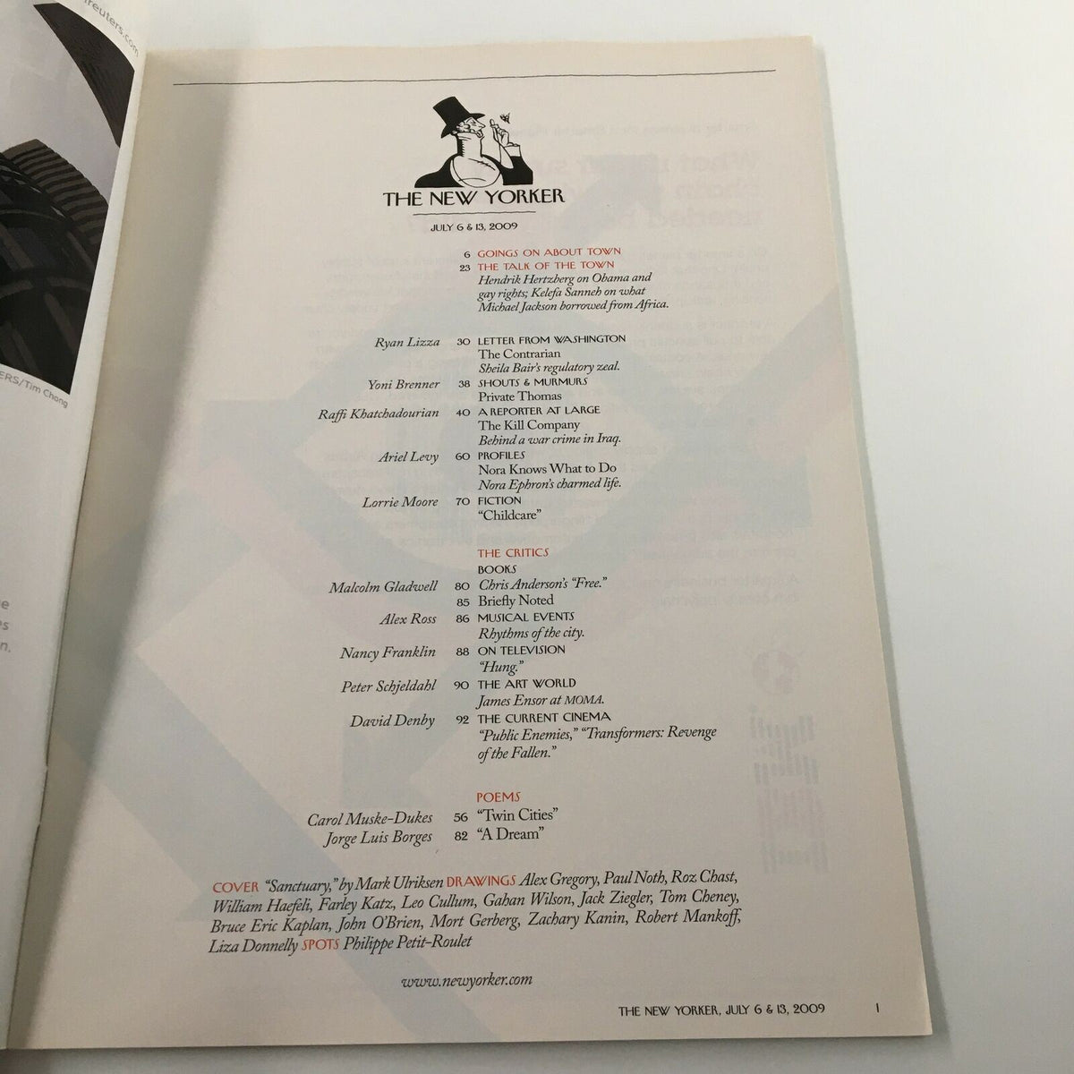 Interior page of The New Yorker Full Magazine July 6 & 13 2009 displaying the table of contents and contributors for the issue.
