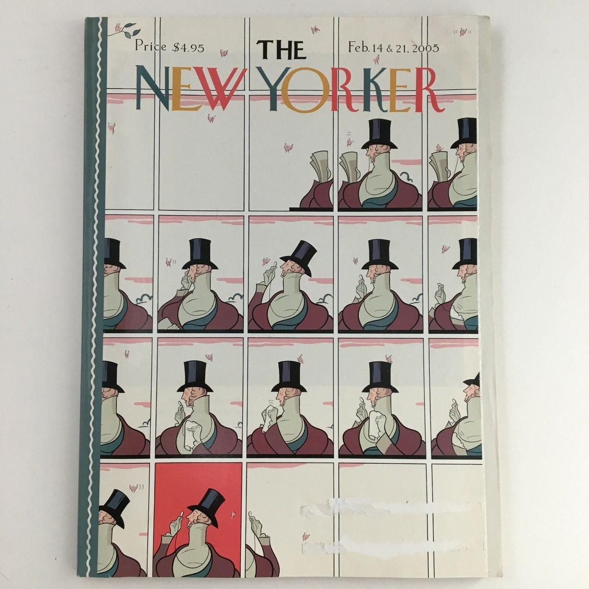 Cover of The New Yorker Full Magazine February 14, 2005 featuring artwork by Chris Ware, showcasing an illustration in a comic strip style with characters in top hats.