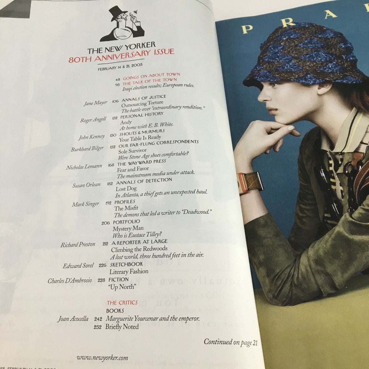 Interior page of The New Yorker Full Magazine February 14, 2005 displaying content from the 80th Anniversary Issue, including articles and a fashion model.