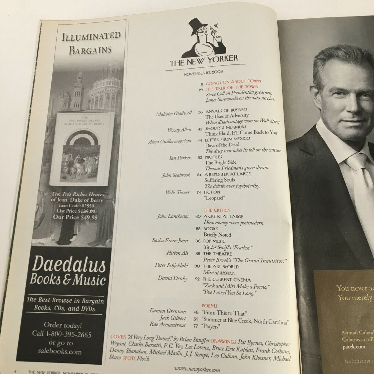 Interior page of The New Yorker November 10 2008 showcasing the table of contents and advertisements, illustrating the magazine's literary offerings and advertisements in this collector's edition.