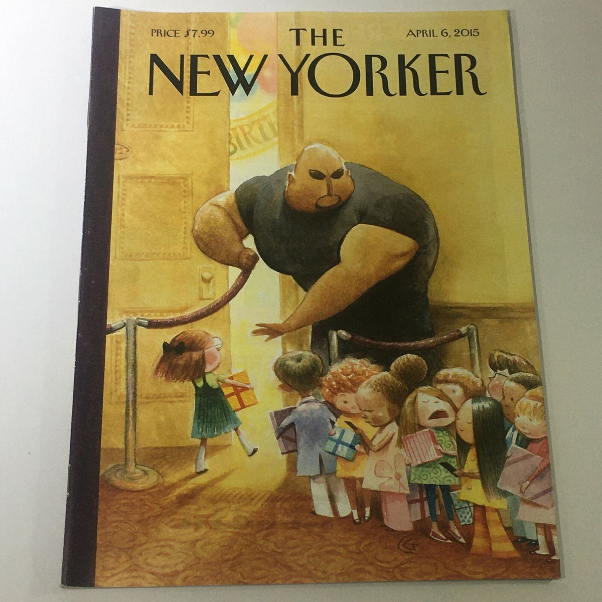 The New Yorker April 6 2015 magazine cover illustrated by Carter Goodrich, featuring a large character greeting a line of children with gifts, showcasing contemporary culture and society.