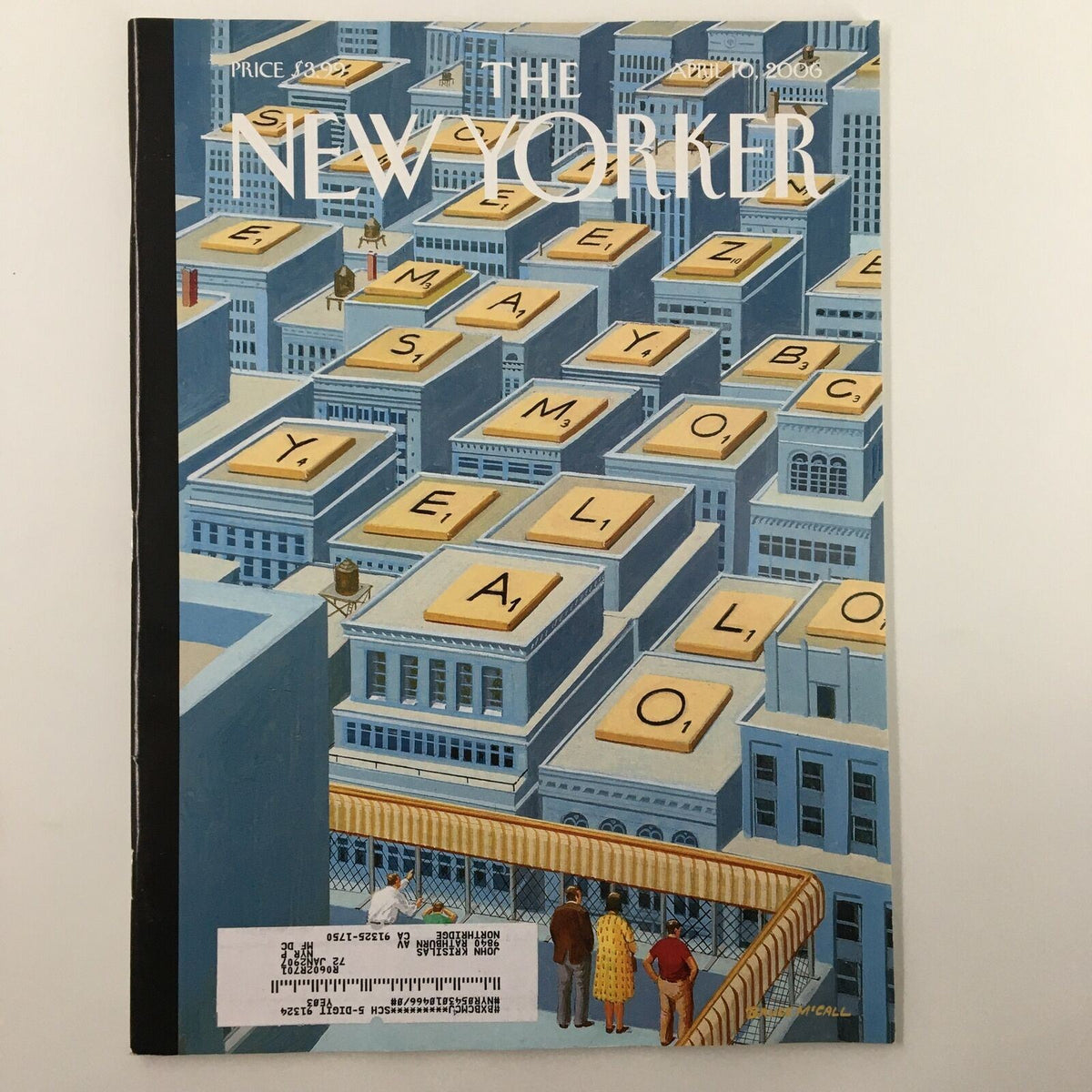 The New Yorker Full Magazine April 10 2006 cover featuring the artwork titled View from the Top by Bruce McCall, showcasing a cityscape with oversized letter tiles.