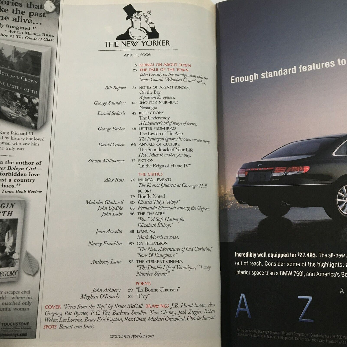 The New Yorker Full Magazine April 10 2006 contents page, listing articles and features included in this edition, highlighting contributions from various writers.