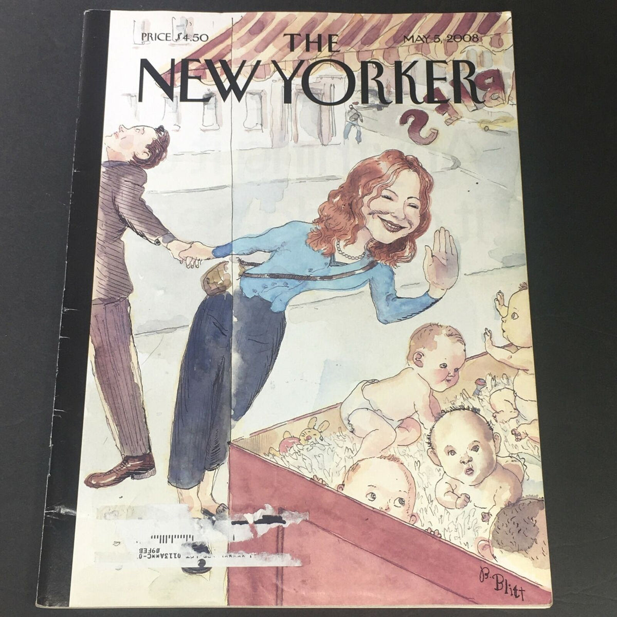 The New Yorker magazine cover from May 5, 2008, featuring a whimsical illustration by Barry Blitt depicting a playful scene with characters and babies, showcasing the unique artistry that captures contemporary culture.