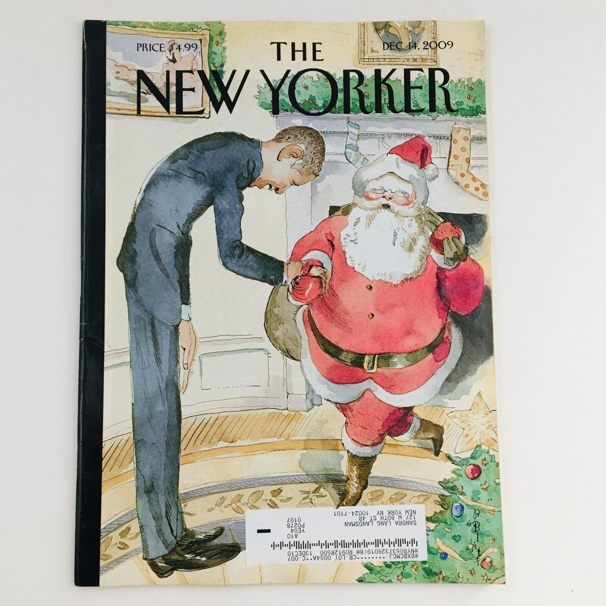 The New Yorker Magazine December 14 2009 cover featuring a whimsical illustration of Santa Claus and a gentleman, created by Barry Blitt.
