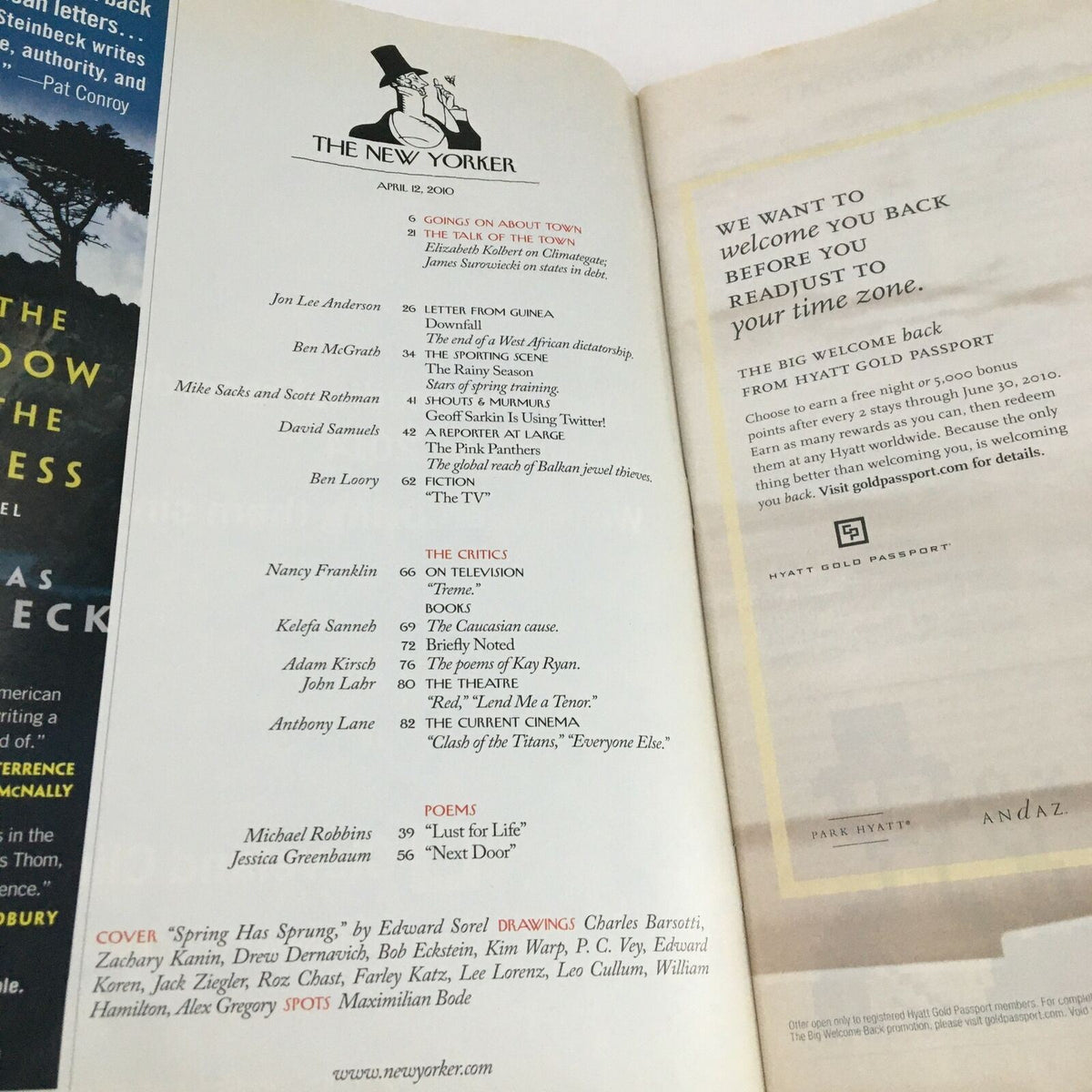 Inside page of The New Yorker April 12 2010, displaying the table of contents with contributor names and sections, highlighting the magazine's insightful commentary and cultural significance.