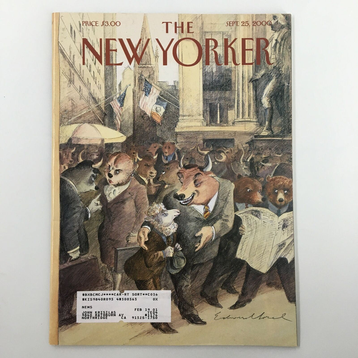 The New Yorker Full Magazine September 25, 2000, featuring the cover art 'The Silence of the Lamb' by Edward Sorel, depicting animals in suits and a bustling urban scene.