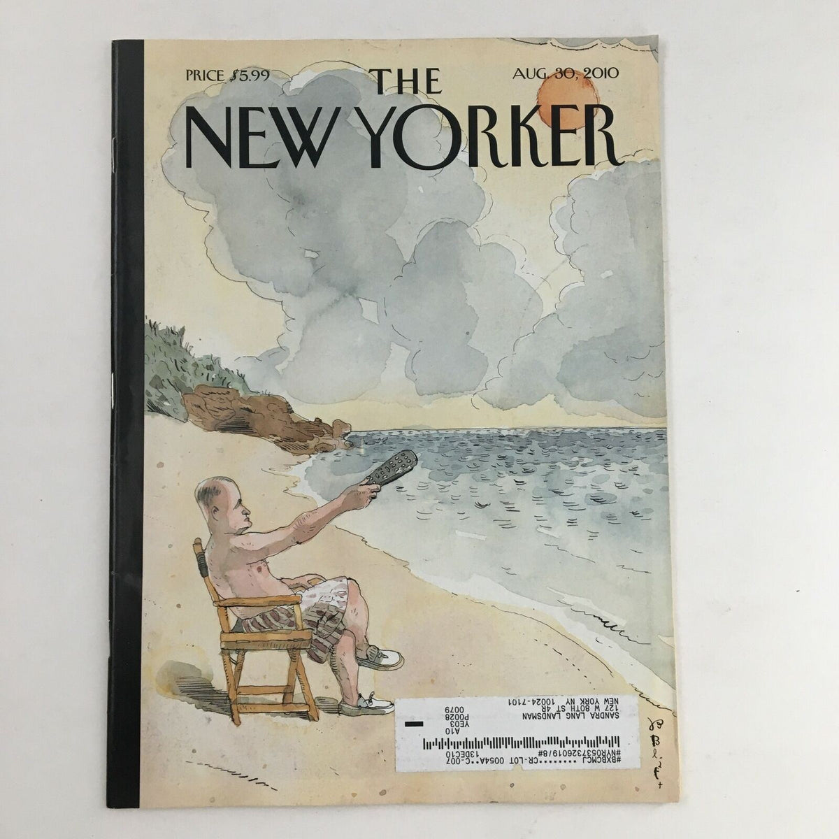 The New Yorker August 30 2010 full magazine cover by Barry Blitt featuring a whimsical illustration of a boy sitting on a beach, holding a shoe, surrounded by stormy clouds.