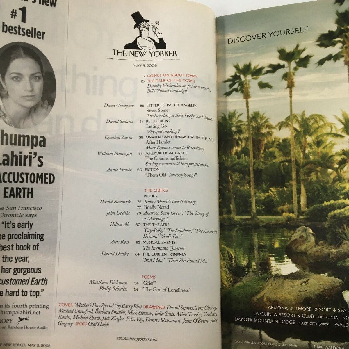 The New Yorker Full Magazine May 5 2008 Mother's Day Special featuring lush illustrations and articles, showcasing a blend of art and journalism in a tropical setting.