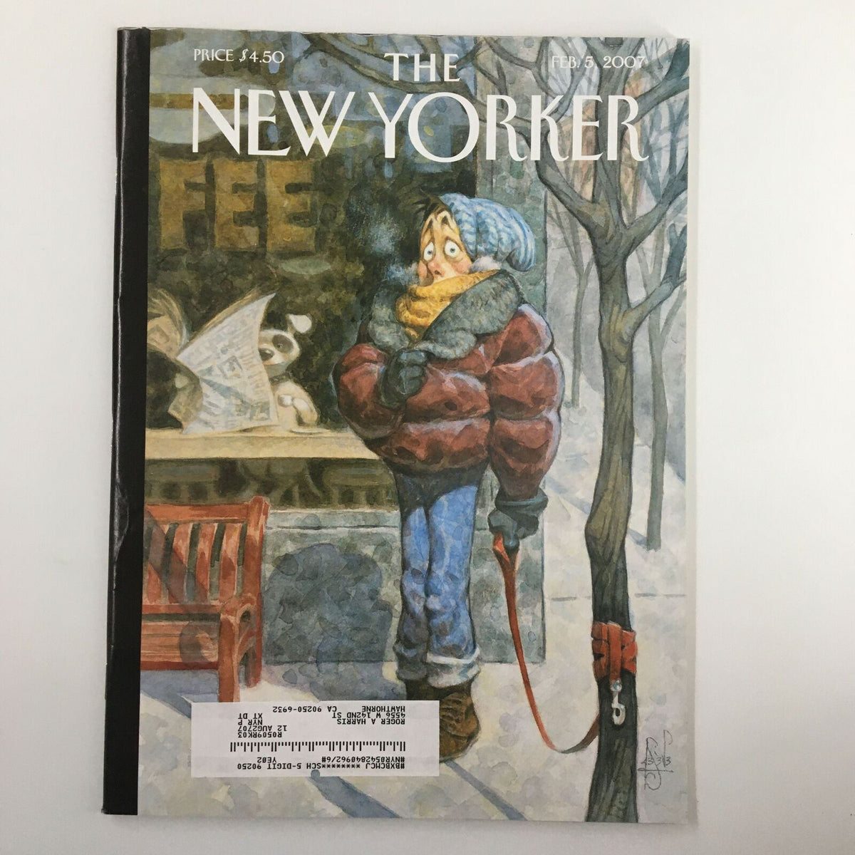 The New Yorker Magazine February 5 2007 Stay! Cover by Peter de Seve featuring a whimsical illustration of a bundled-up person walking a dog in winter, capturing the charm of the era.