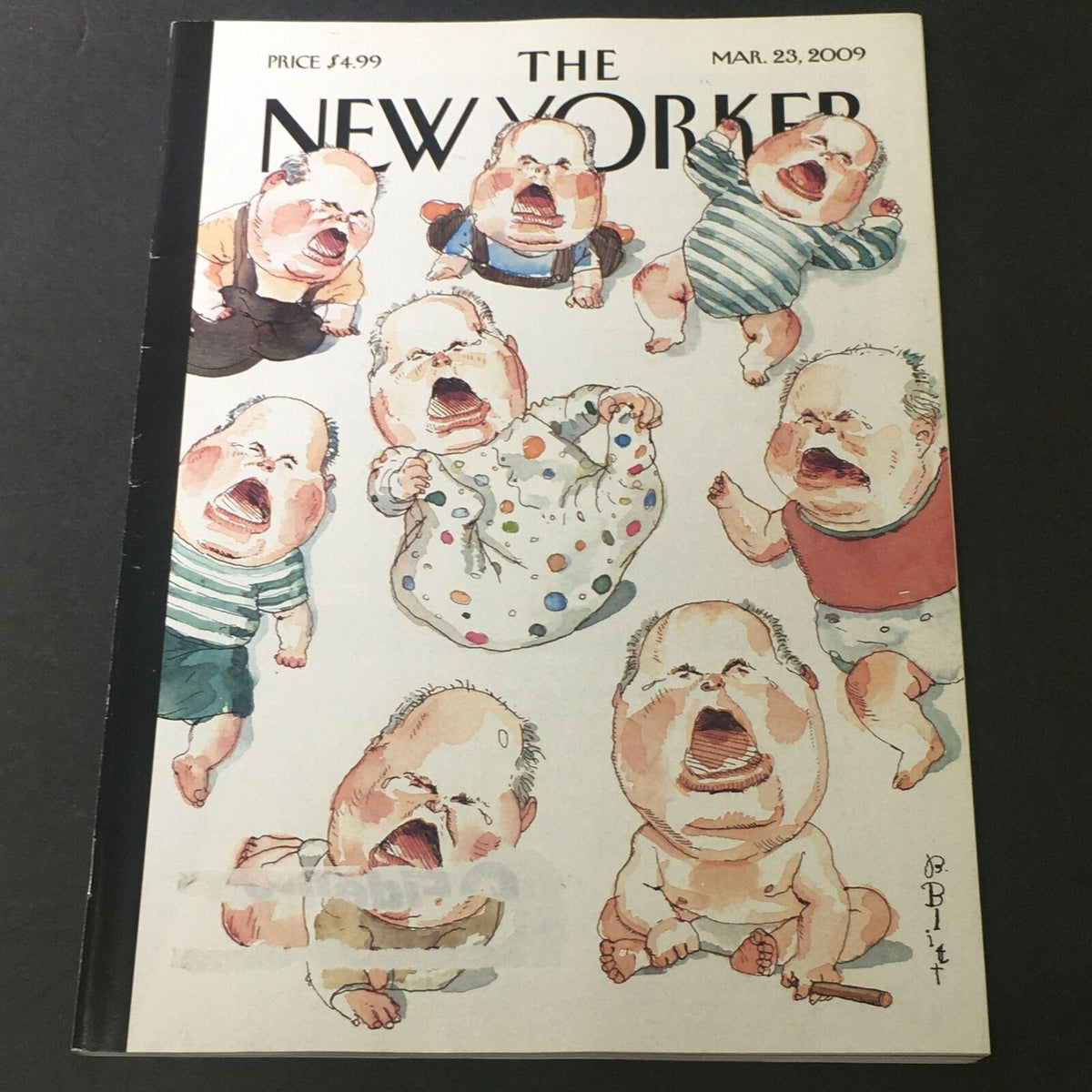 The New Yorker March 23 2009 cover featuring artistic illustration by Barry Blitt, depicting multiple animated babies with exaggerated expressions. Ideal for collectors and magazine enthusiasts.