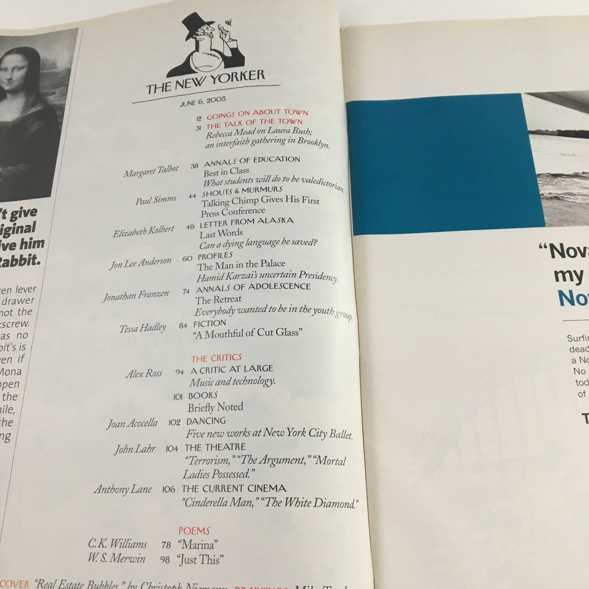 Inside page of The New Yorker Full Magazine June 6 2005 displaying the table of contents, featuring article titles and authors, reflecting the magazine's rich literary offerings.
