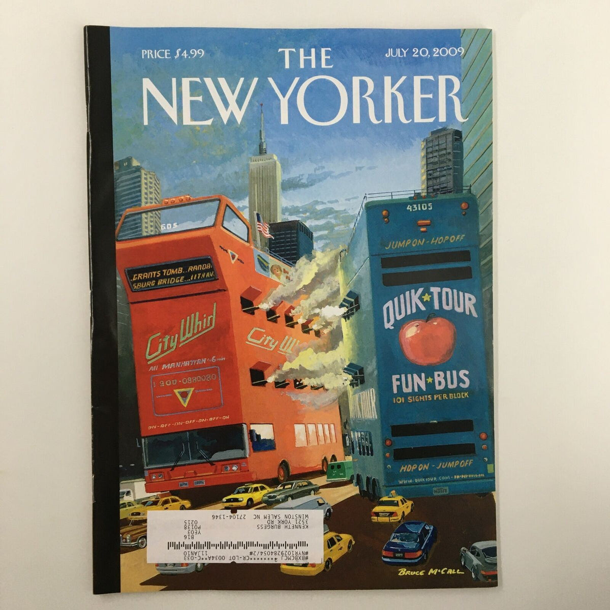 Cover of The New Yorker magazine from July 20, 2009, featuring a vibrant illustration by Bruce McCall depicting summer travel and comedic 'Tour Wars' theme.