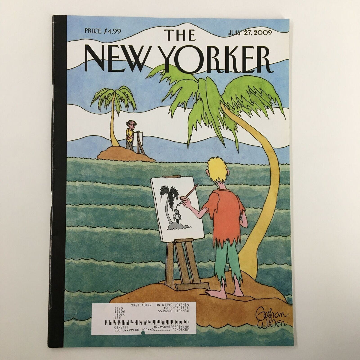 Cover of The New Yorker Full Magazine July 27 2009 featuring a cartoon illustration by Gahan Wilson depicting a painter on the beach sketching a palm tree.
