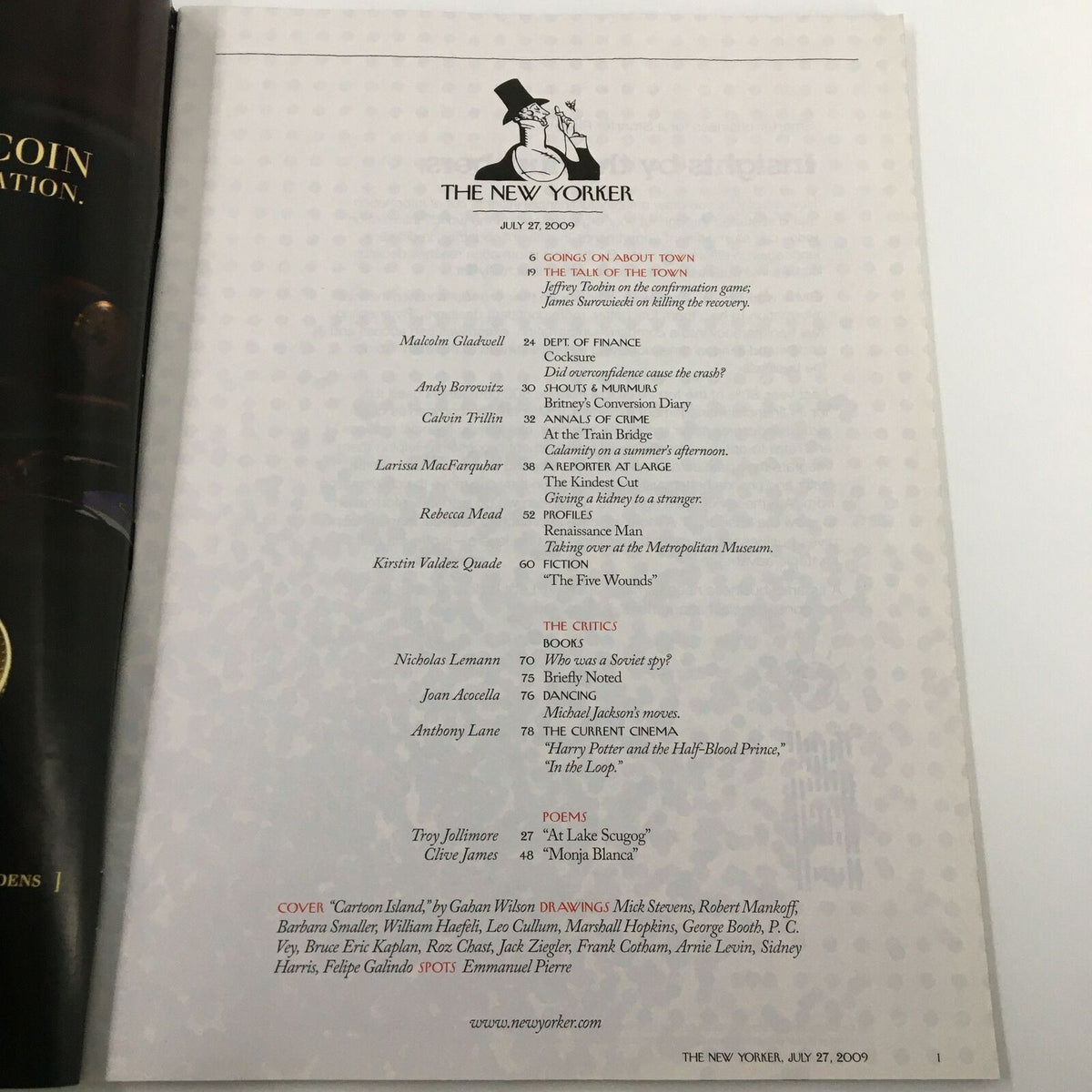 Inside page of The New Yorker Full Magazine July 27 2009 showcasing the table of contents, including articles and contributors for this issue.