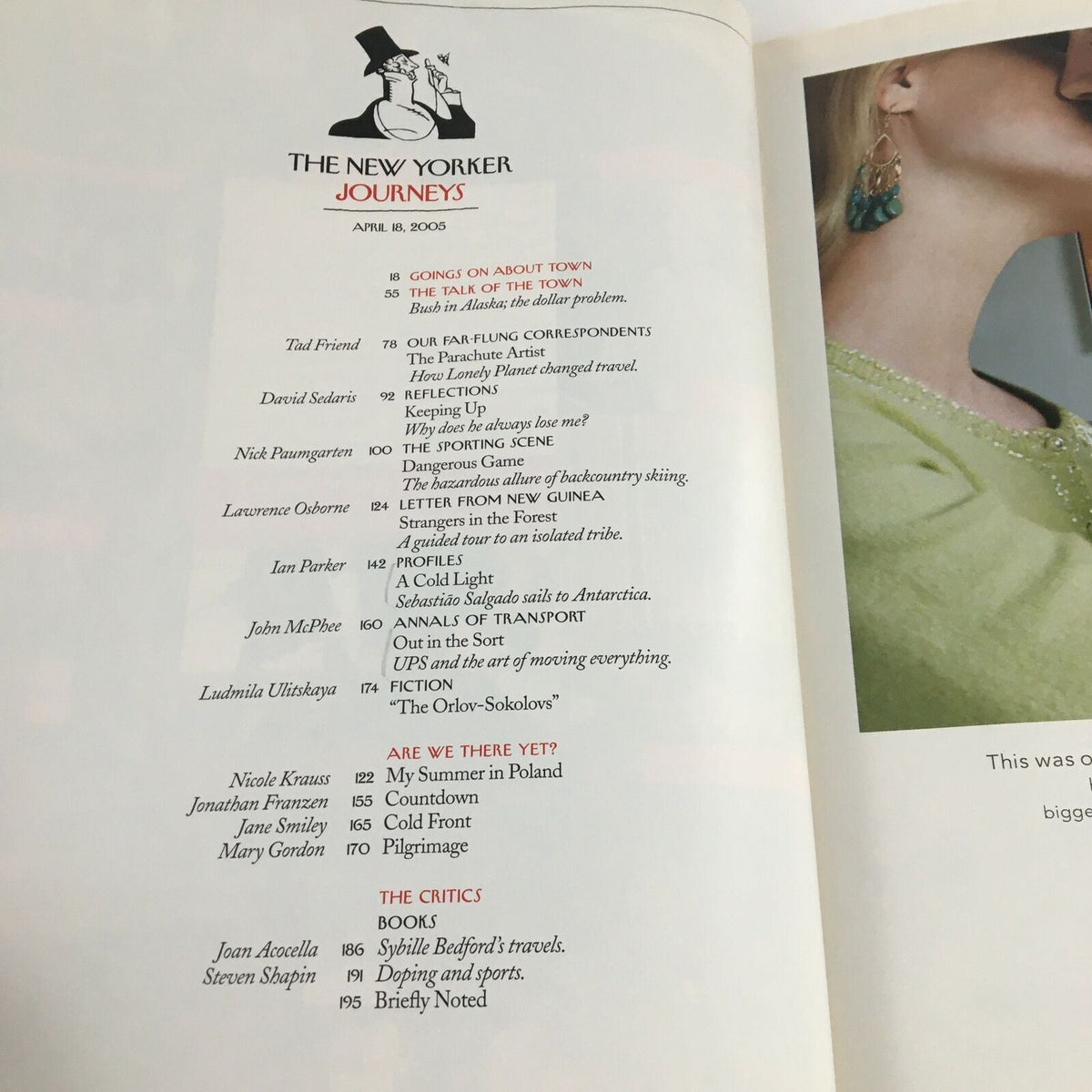 Table of contents from The New Yorker magazine, April 18, 2005, featuring the article 'The Dollar Problem' by Bruce McCall, highlighting various sections and contributors.