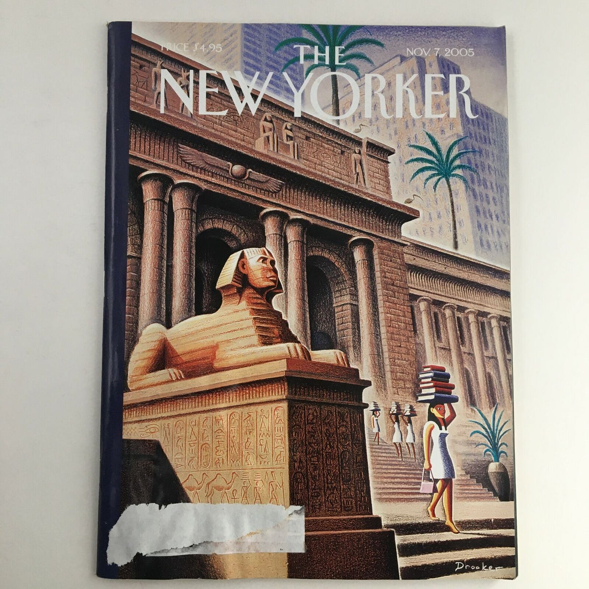 Cover of The New Yorker Full Magazine November 7, 2005, featuring a striking illustration by Eric Drooker, depicting an Egyptian sphinx and a man walking with books.