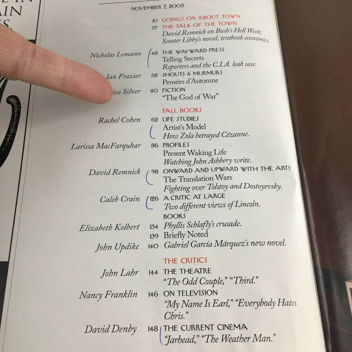 Table of contents page from The New Yorker Full Magazine November 7, 2005, listing articles including 'Textbook Economics' and features by various authors.
