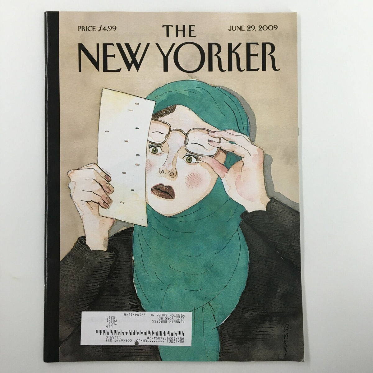 Cover of The New Yorker magazine, June 29, 2009, titled 'Hanging Chador' by Barry Blitt, featuring a woman with glasses looking astonished.
