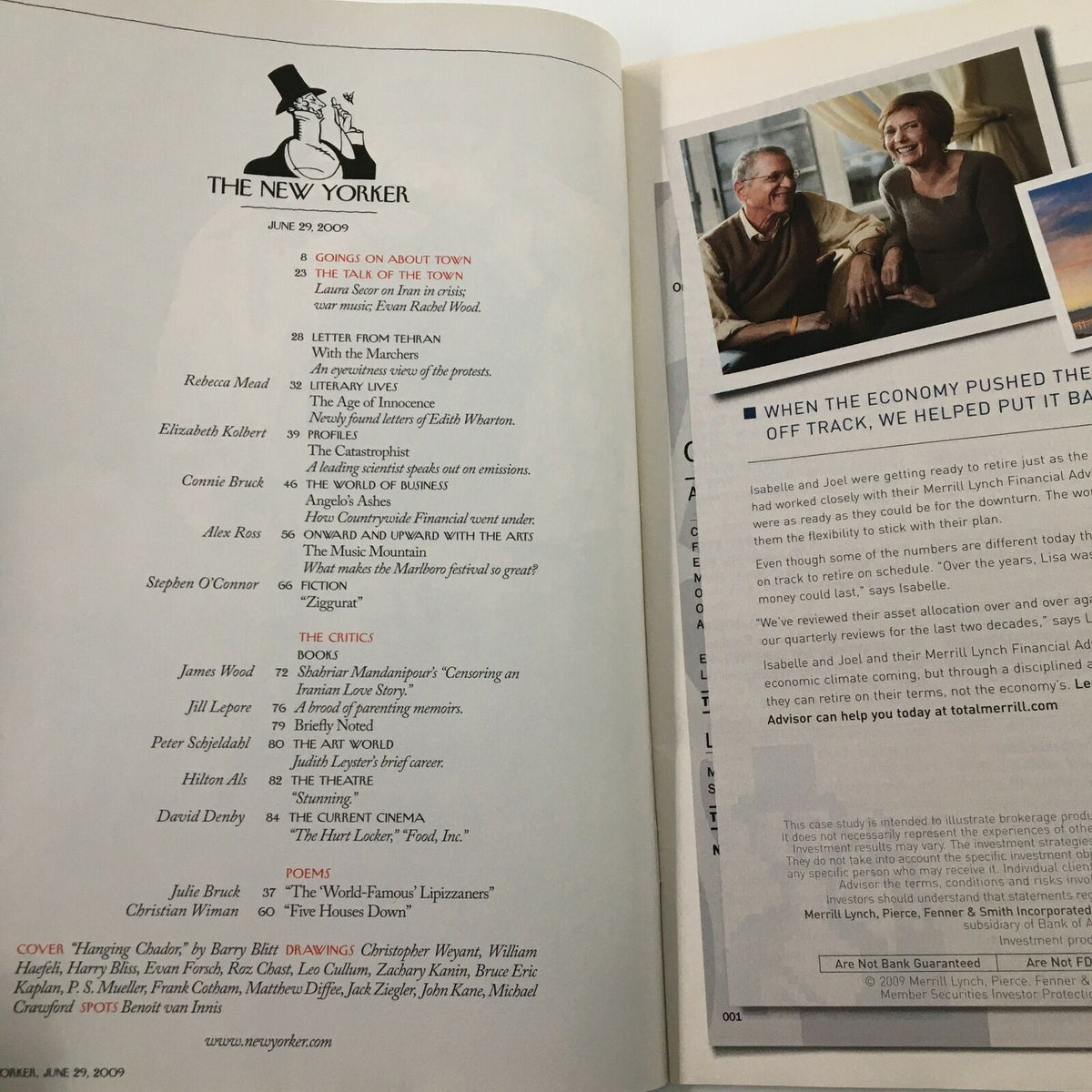 Inside page of The New Yorker magazine, June 29, 2009, showcasing editorial content and articles, including the feature 'Hanging Chador' by Barry Blitt.