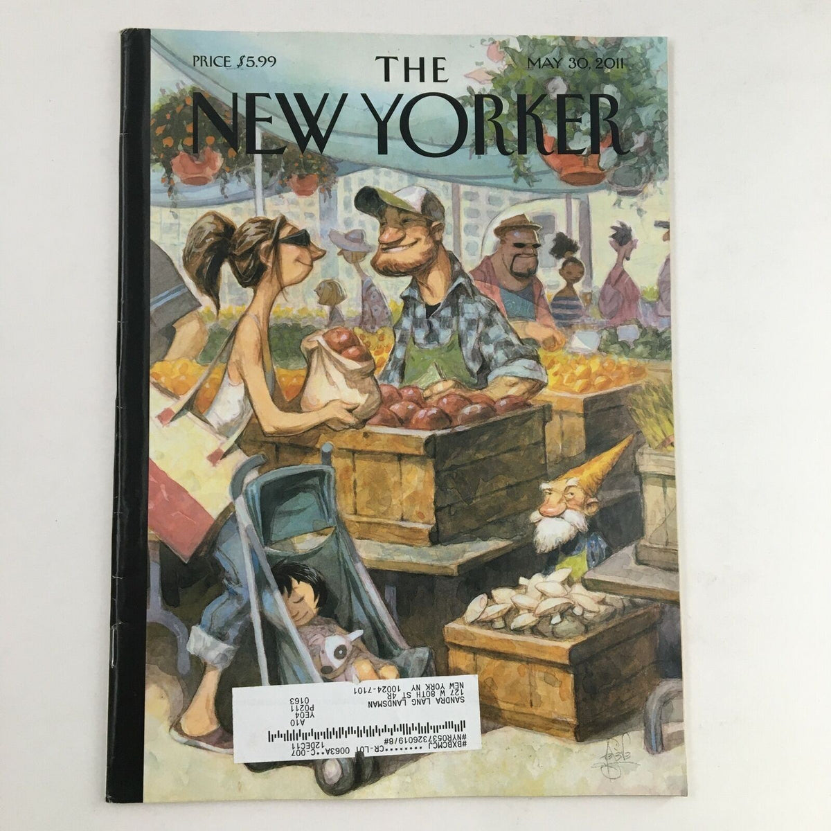 The New Yorker May 30 2011 Full Magazine Cover by Peter de Sève featuring vibrant illustrations of a market scene, depicting characters interacting at a farmer's market.