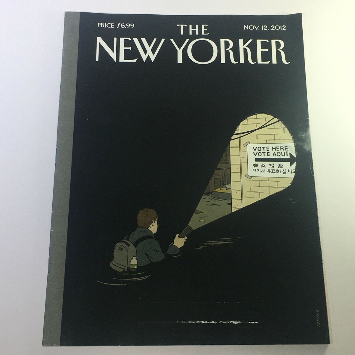 Cover of The New Yorker, November 12, 2012, featuring artwork by Adrian Tomine, depicting a figure illuminating a dark alley with a flashlight, highlighting the theme 'Vote Here' in multiple languages.