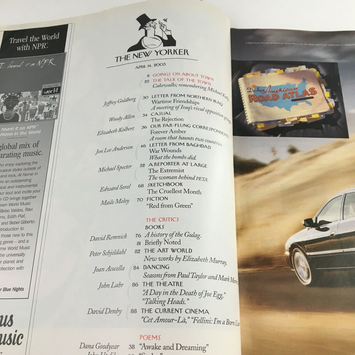 Table of contents from The New Yorker Full Magazine April 14 2003, listing articles and features including the tribute to Michael Kelly, with elegant typography and magazine design elements.