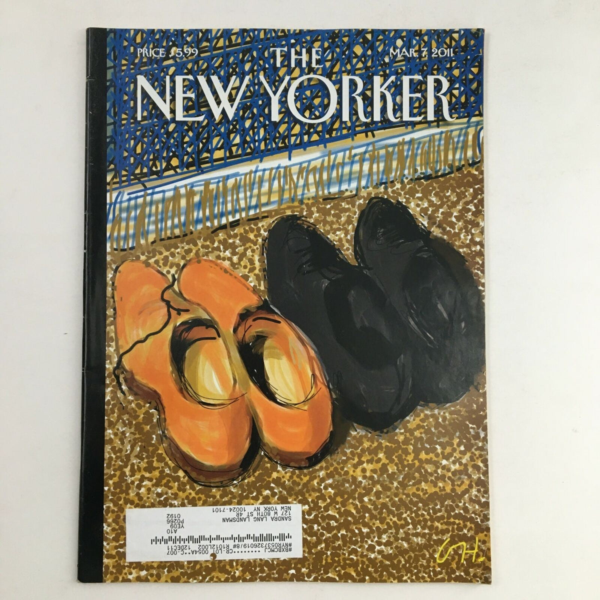 The New Yorker March 7 2011 Full Magazine cover by David Hockney showcasing orange and black shoes against a patterned background, highlighting Hockney's unique art style.