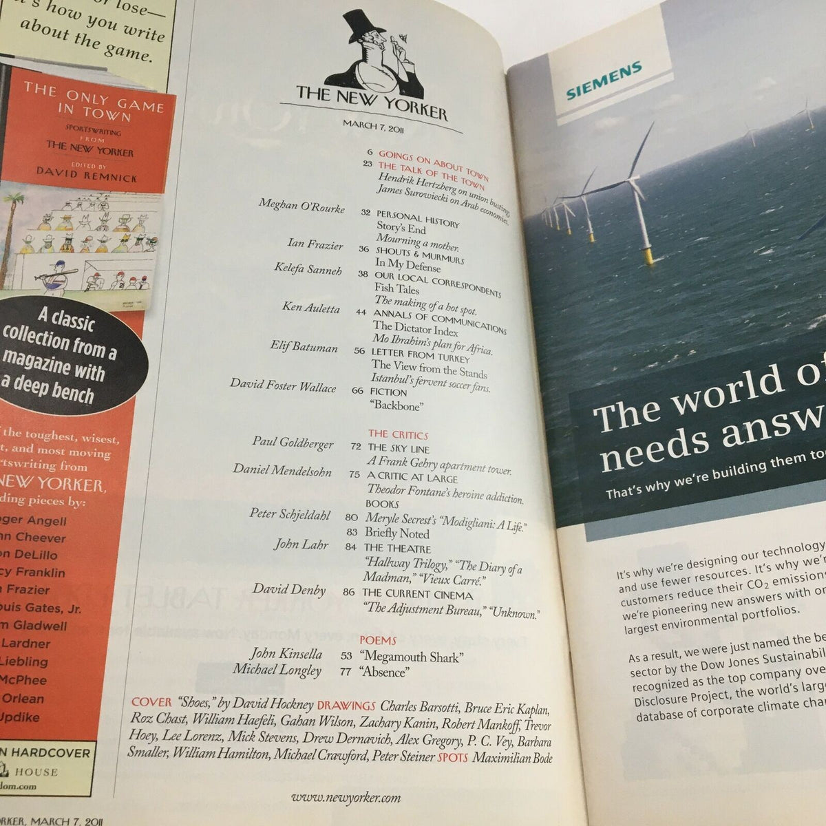 Inside page of The New Yorker March 7 2011 showcasing the table of contents, featuring artistic articles and contributors, emphasizing the magazine's literary depth.